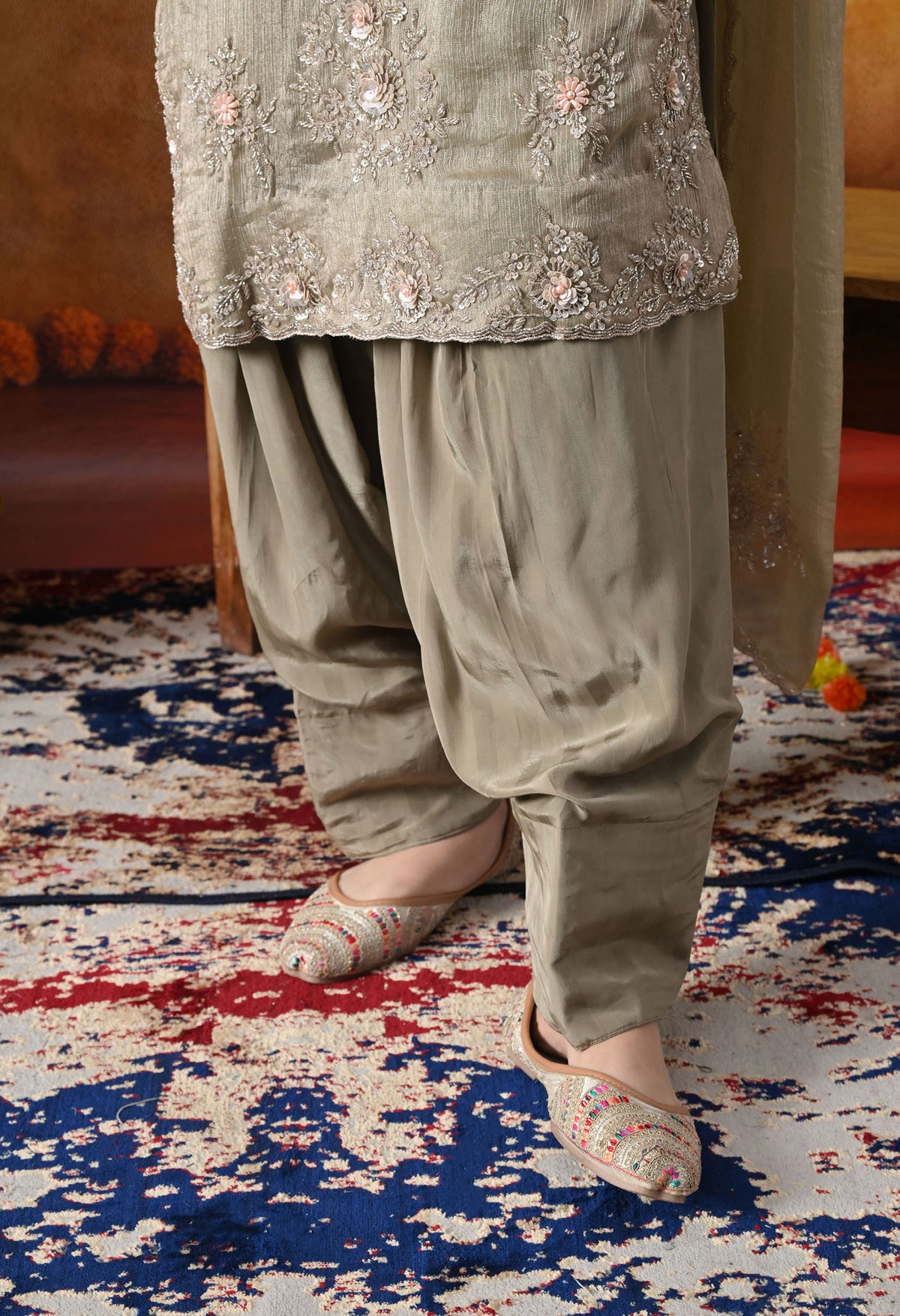 Grey Crust Tissue Kurta Set with Farshi Salwar & Matching Dupatta
