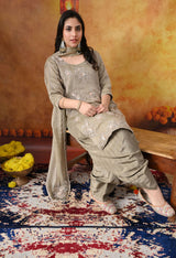Grey Crust Tissue Kurta Set with Farshi Salwar & Matching Dupatta