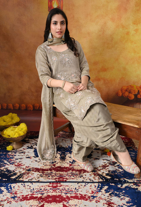 Grey Crust Tissue Kurta Set with Farshi Salwar & Matching Dupatta