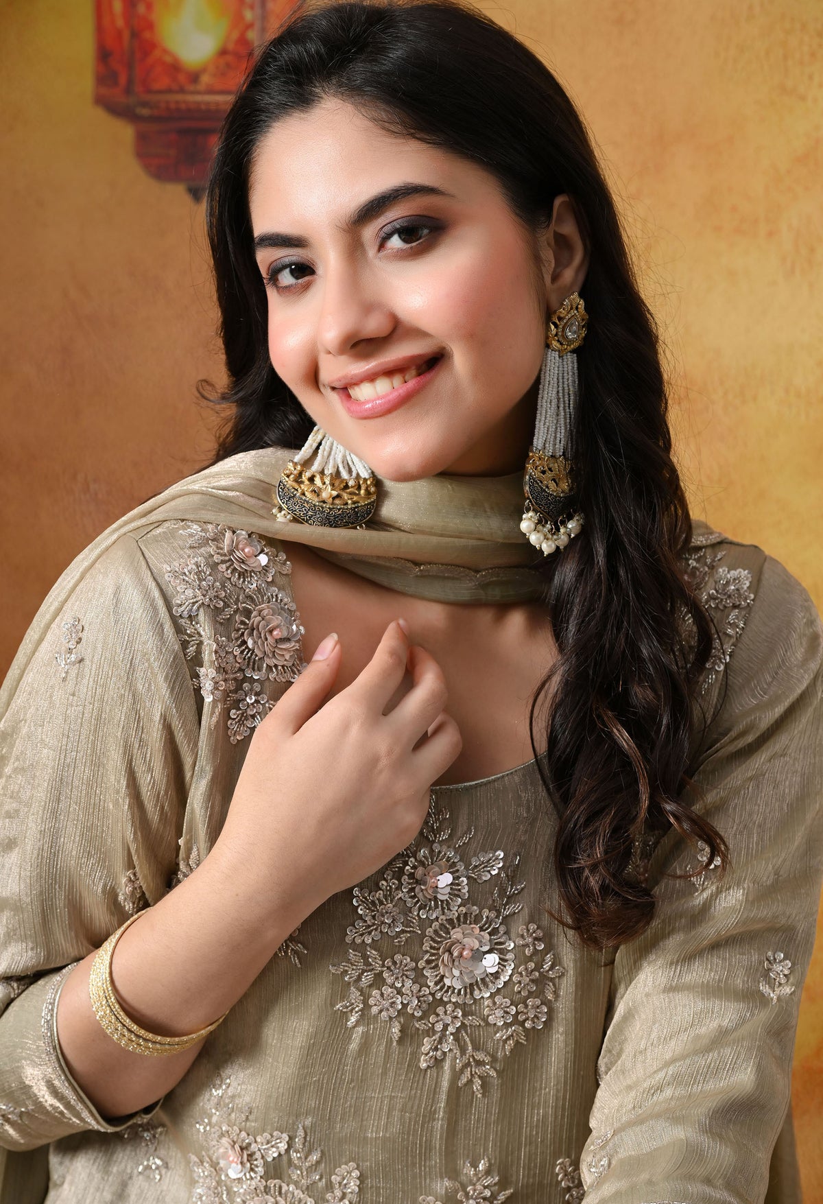 Grey Crust Tissue Kurta Set with Farshi Salwar & Matching Dupatta