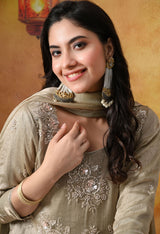 Grey Crust Tissue Kurta Set with Farshi Salwar & Matching Dupatta
