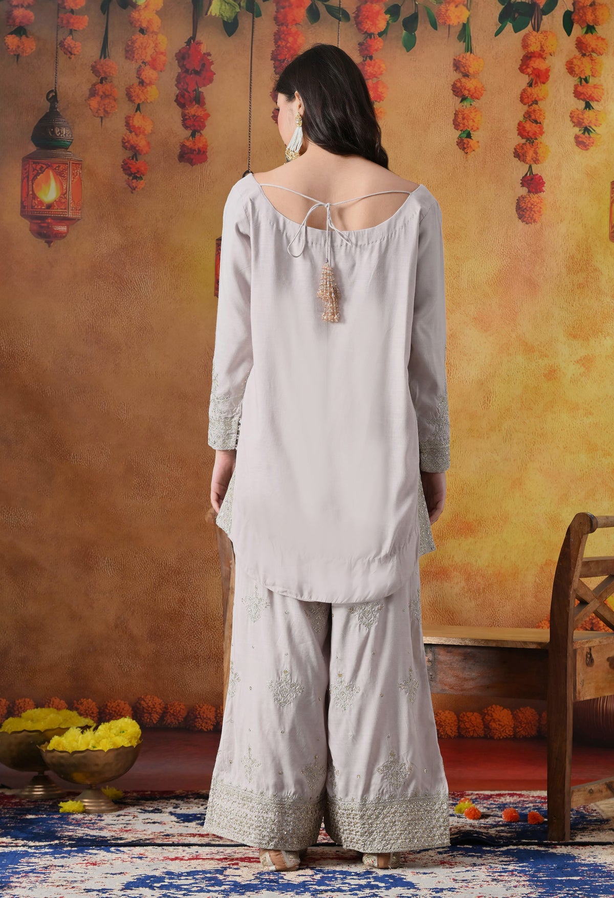Light Pink Cotton Silk Kurta Set with Plazo Pants & Matching Dupatta