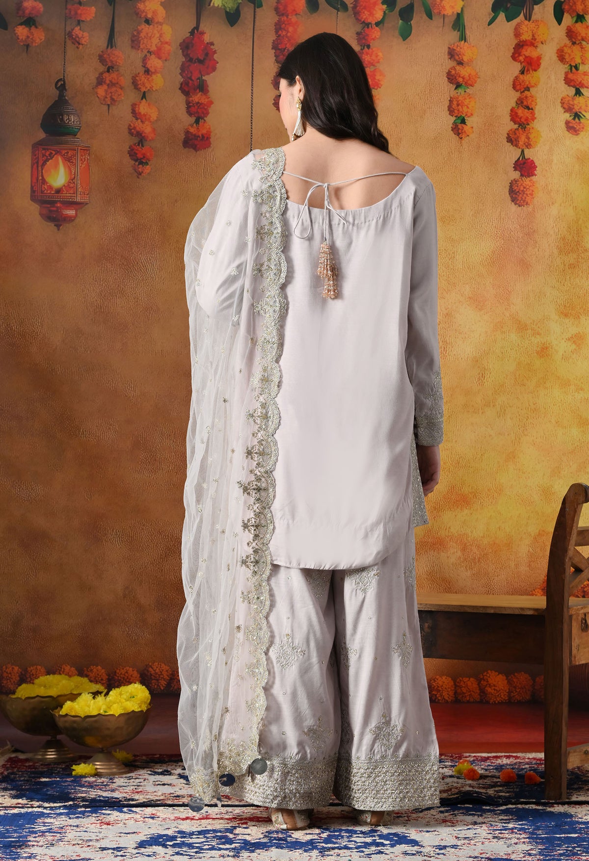 Light Pink Cotton Silk Kurta Set with Plazo Pants & Matching Dupatta