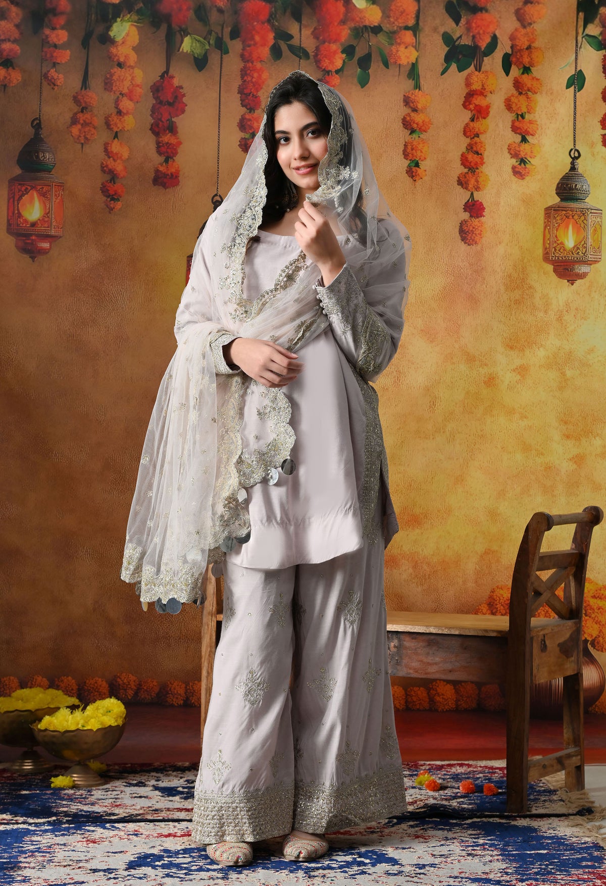 Light Pink Cotton Silk Kurta Set with Plazo Pants & Matching Dupatta
