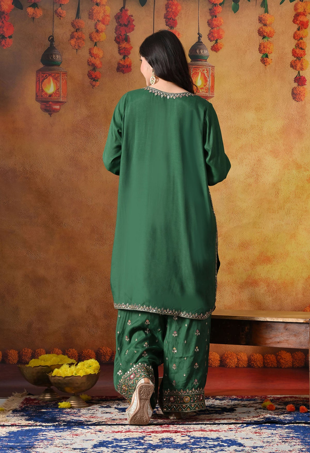 Green Cotton Silk Kurta Set with Farshi Salwar & Matching Dupatta