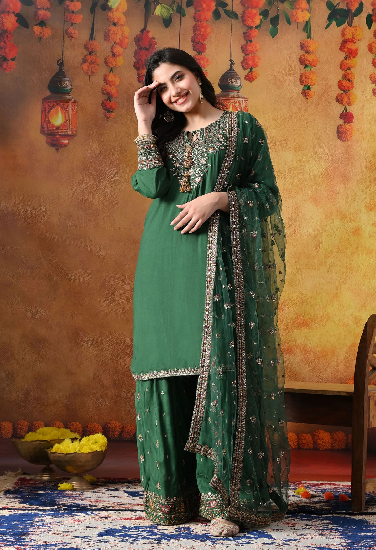 Green Cotton Silk Kurta Set with Farshi Salwar & Matching Dupatta