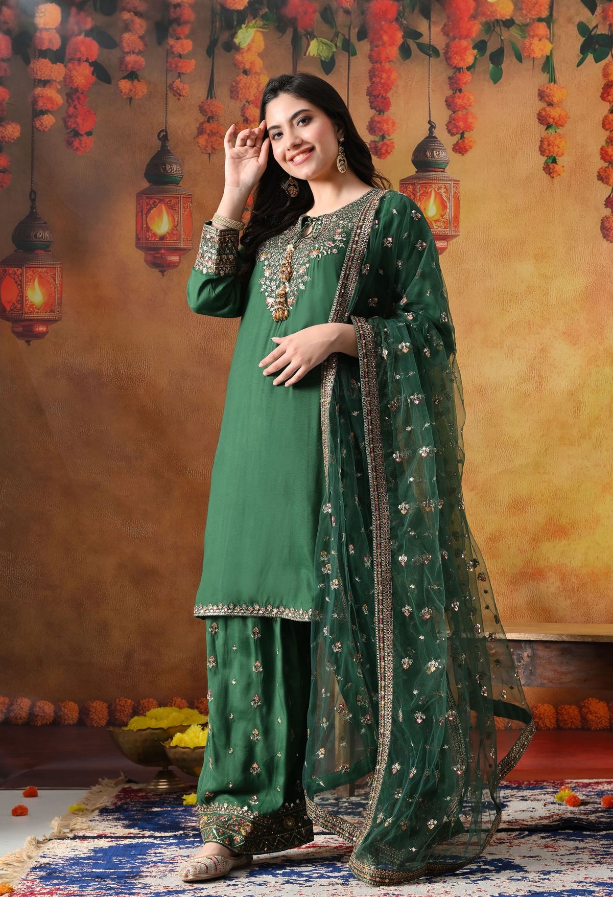 Green Cotton Silk Kurta Set with Farshi Salwar & Matching Dupatta