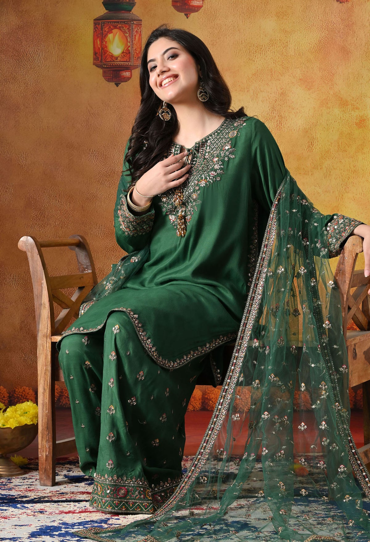 Green Cotton Silk Kurta Set with Farshi Salwar & Matching Dupatta
