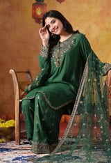 Green Cotton Silk Kurta Set with Farshi Salwar & Matching Dupatta