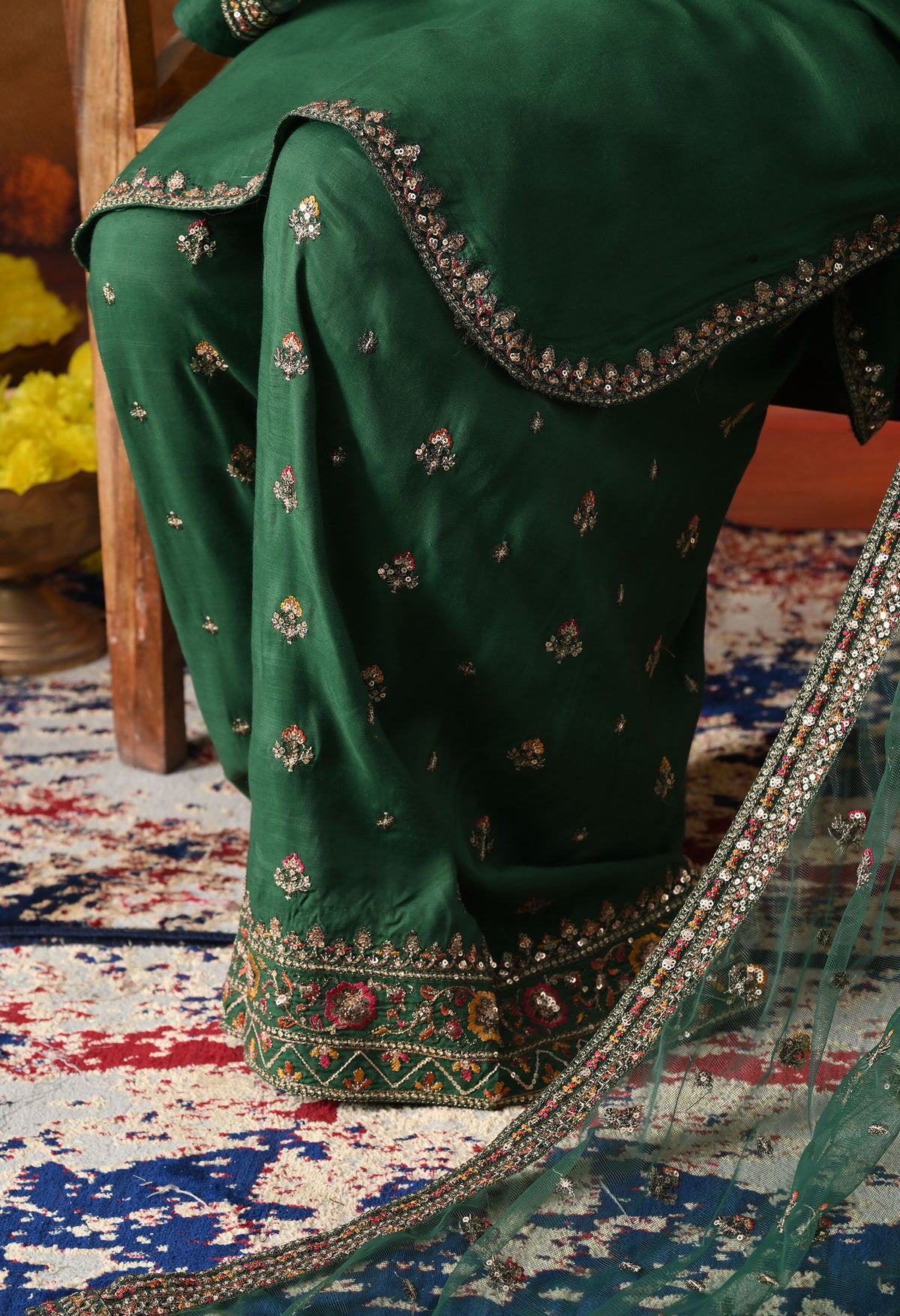 Green Cotton Silk Kurta Set with Farshi Salwar & Matching Dupatta