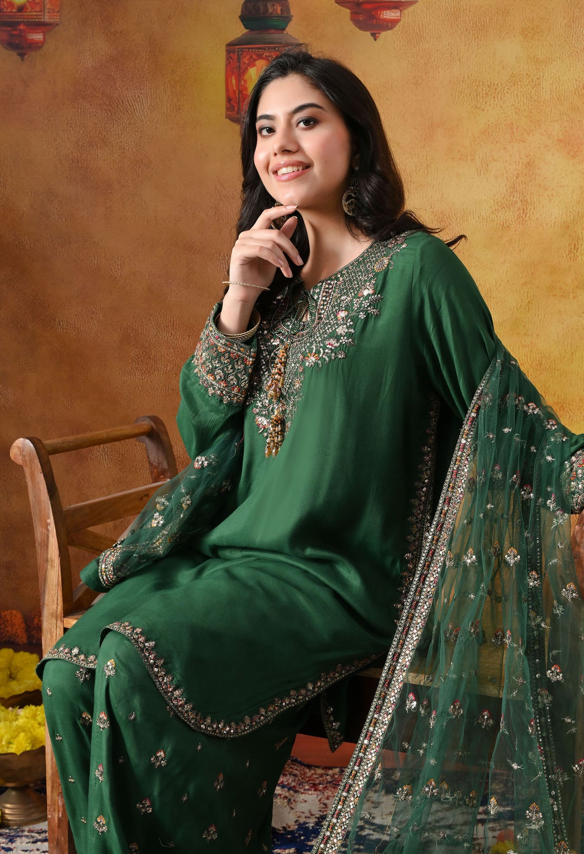 Green Cotton Silk Kurta Set with Farshi Salwar & Matching Dupatta