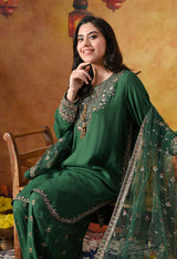 Green Cotton Silk Kurta Set with Farshi Salwar & Matching Dupatta