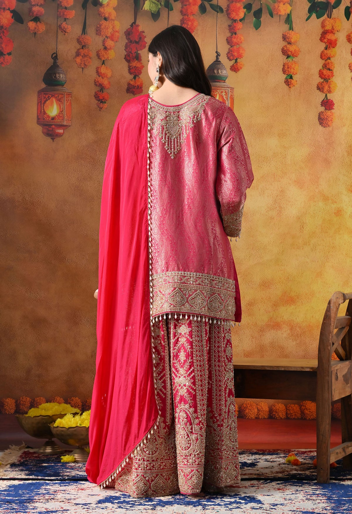 Hot Pink Banarasi Silk Sharara Set with Cutdana & Sequin Work