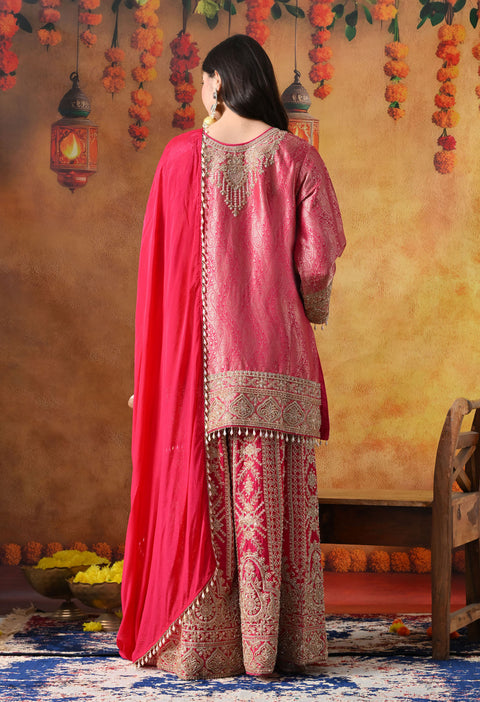 Hot Pink Banarasi Silk Sharara Set with Cutdana & Sequin Work