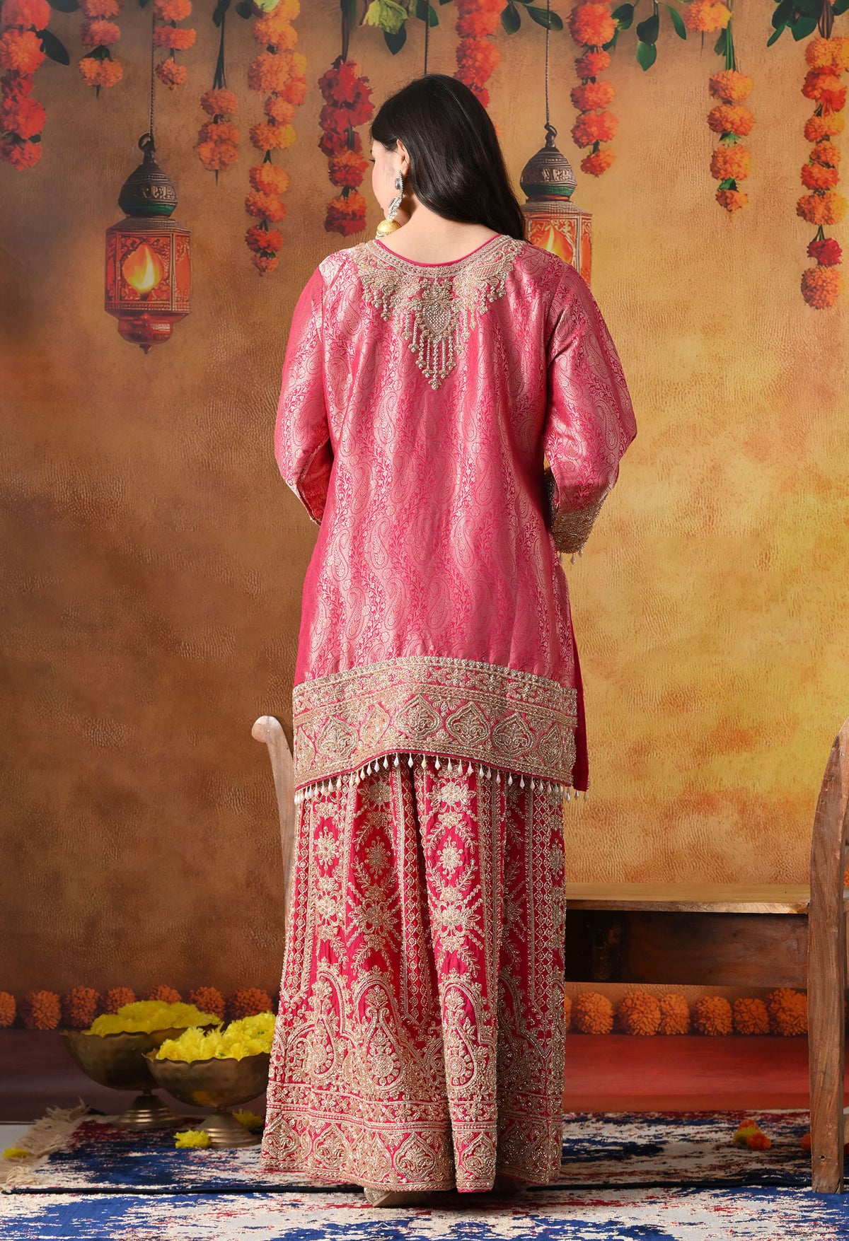 Hot Pink Banarasi Silk Sharara Set with Cutdana & Sequin Work