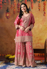 Hot Pink Banarasi Silk Sharara Set with Cutdana & Sequin Work