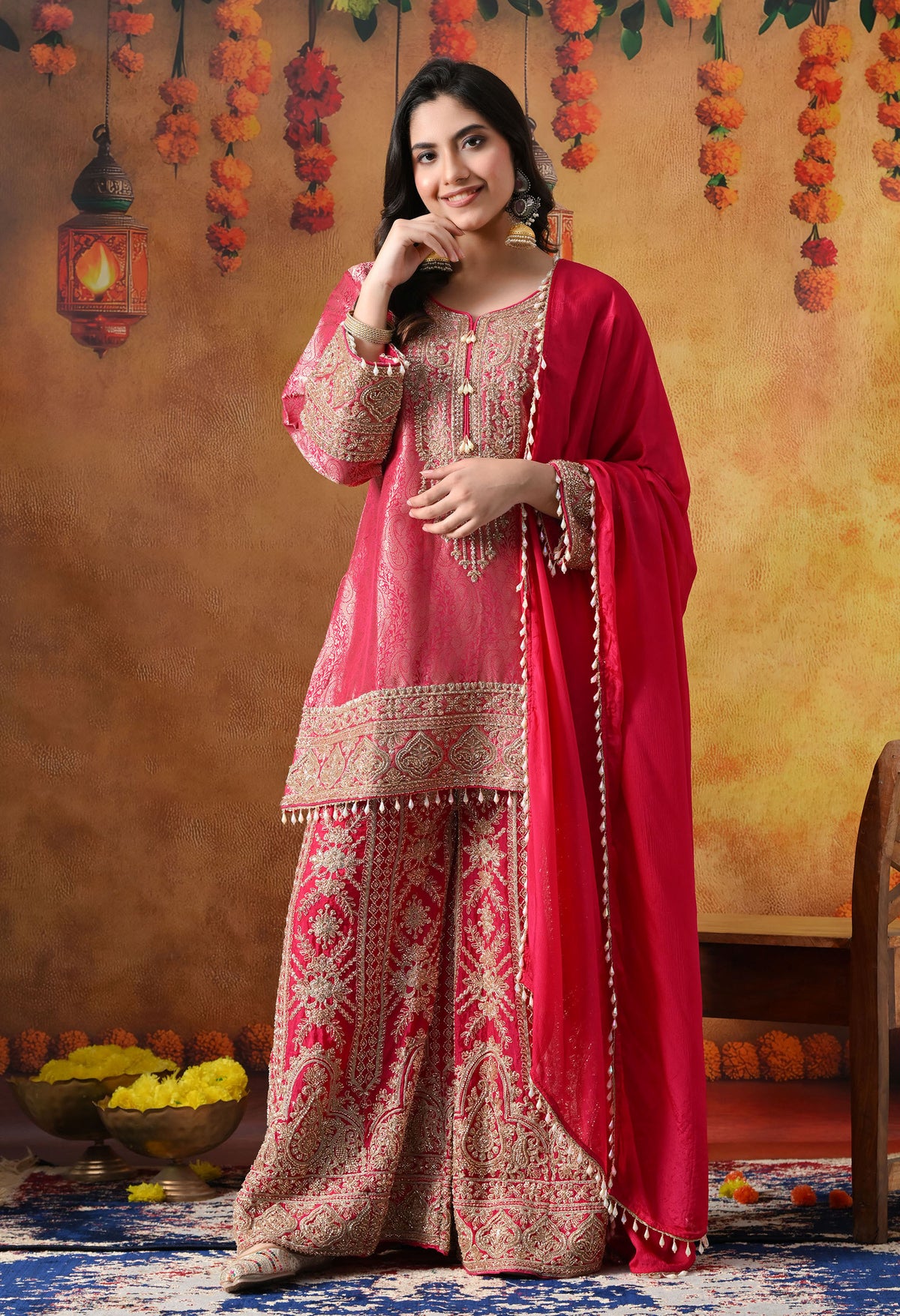 Hot Pink Banarasi Silk Sharara Set with Cutdana & Sequin Work