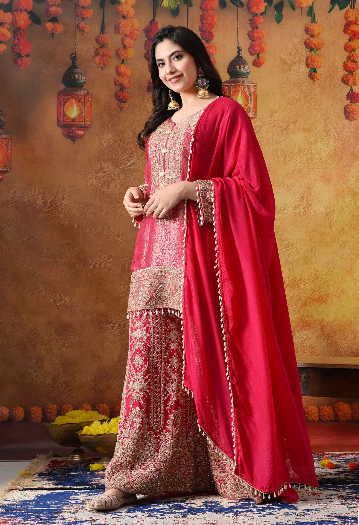 Hot Pink Banarasi Silk Sharara Set with Cutdana & Sequin Work