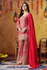 Hot Pink Banarasi Silk Sharara Set with Cutdana & Sequin Work
