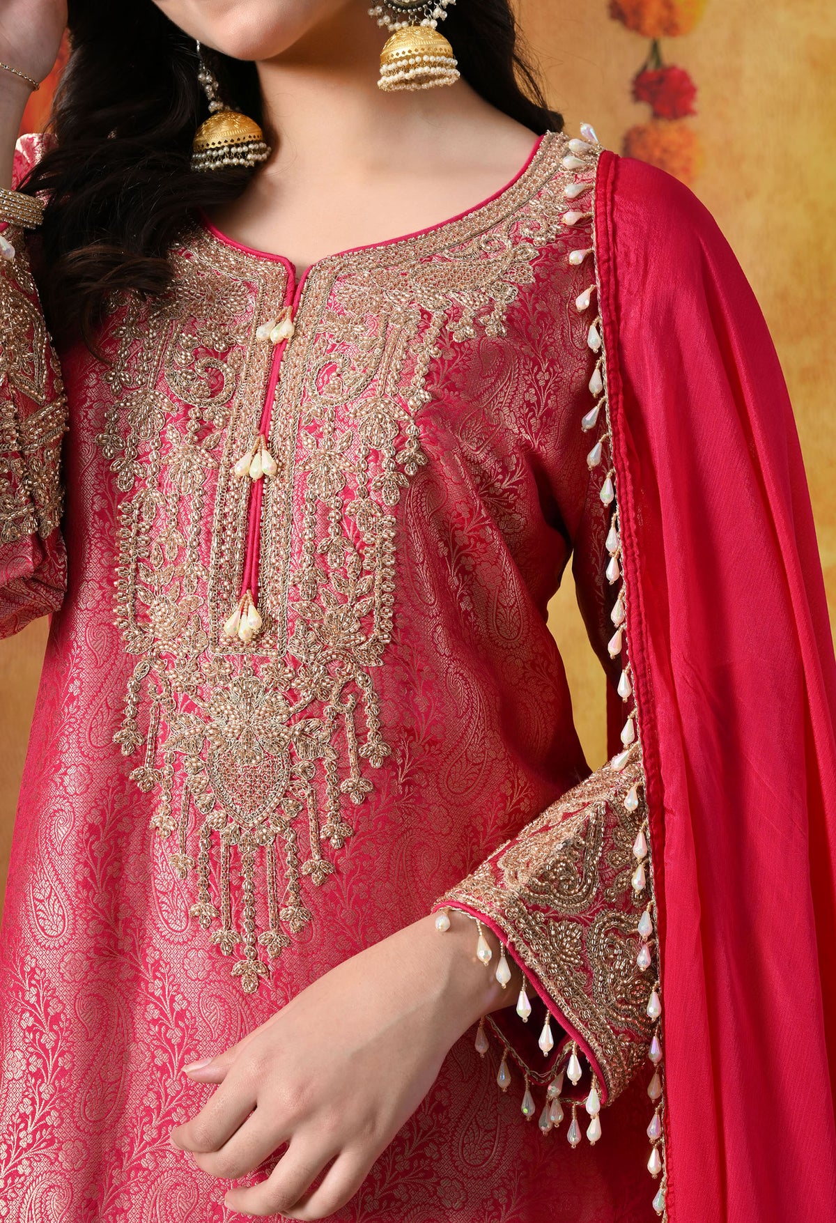 Hot Pink Banarasi Silk Sharara Set with Cutdana & Sequin Work
