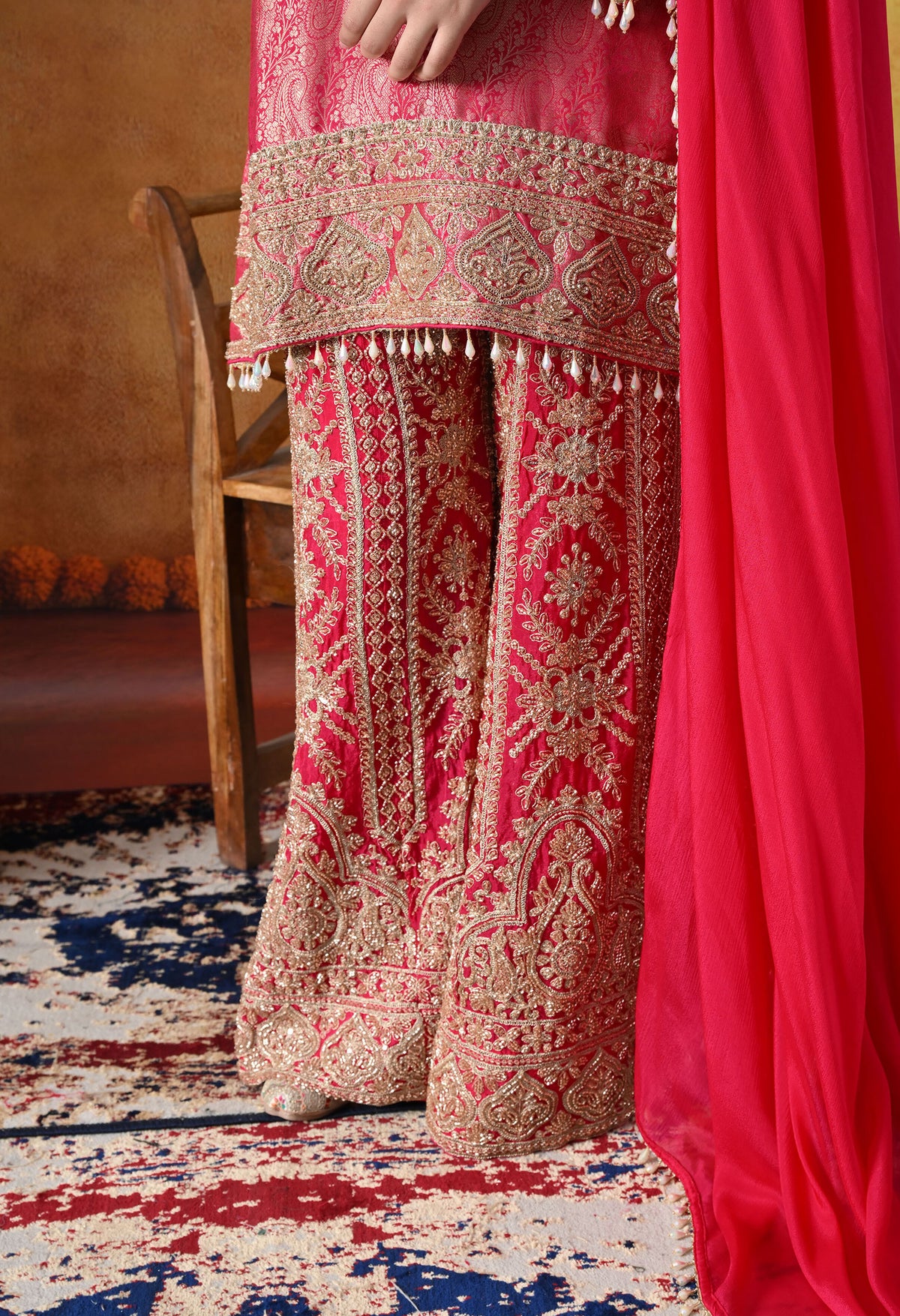 Hot Pink Banarasi Silk Sharara Set with Cutdana & Sequin Work