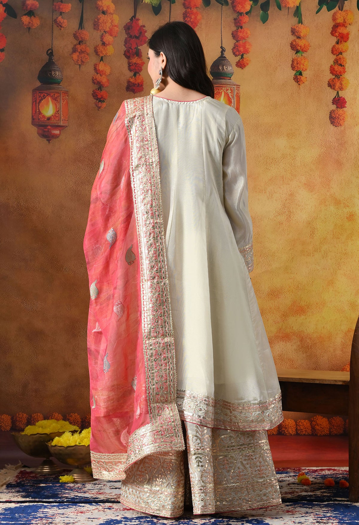 Golden Cream Tissue Crepe Sharara Set with Pink Tissue Organza Dupatta