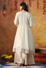Golden Cream Tissue Crepe Sharara Set with Pink Tissue Organza Dupatta