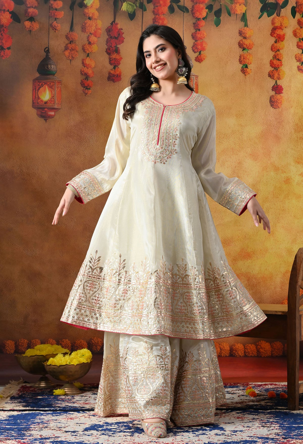 Golden Cream Tissue Crepe Sharara Set with Pink Tissue Organza Dupatta