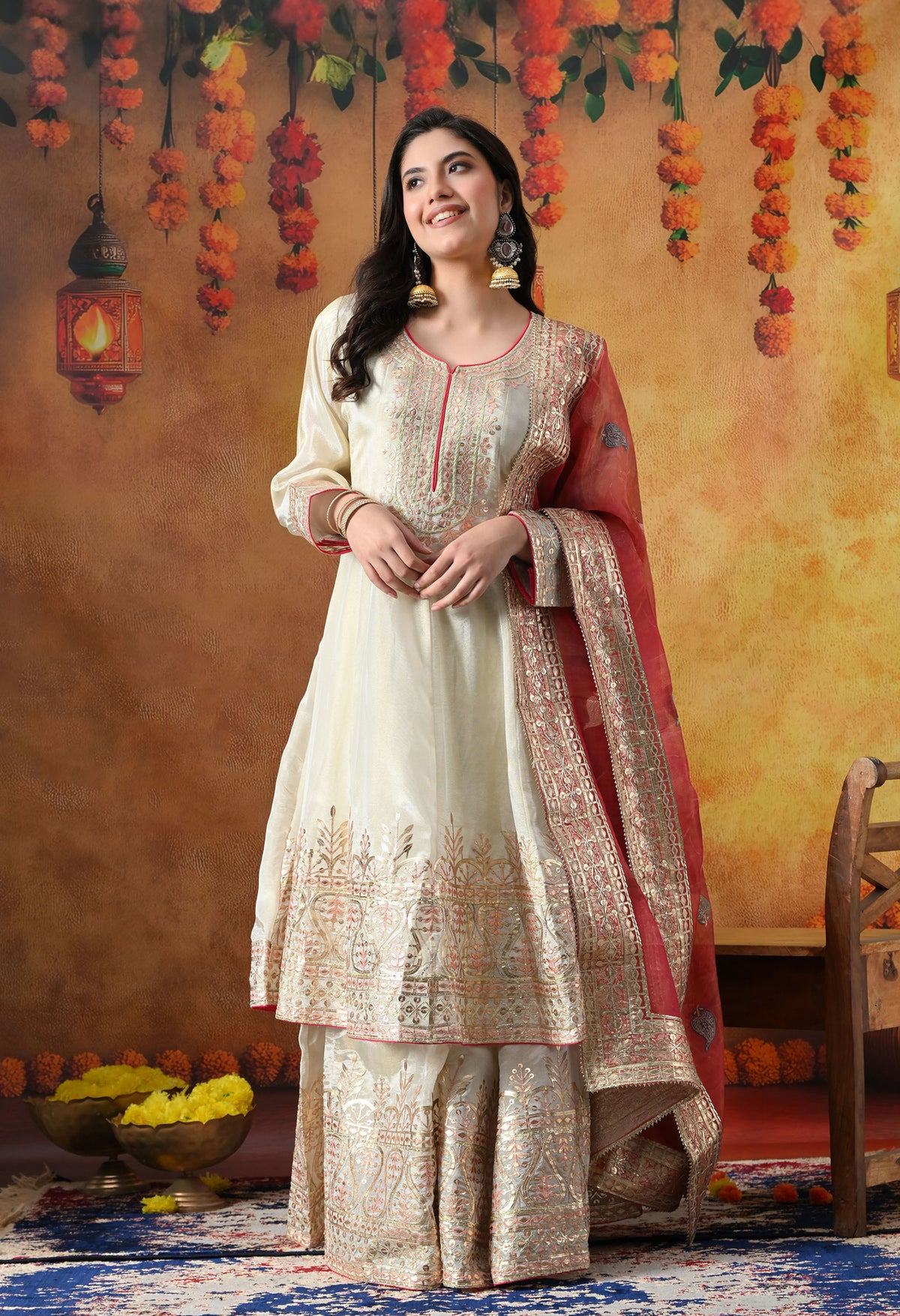 Golden Cream Tissue Crepe Sharara Set with Pink Tissue Organza Dupatta