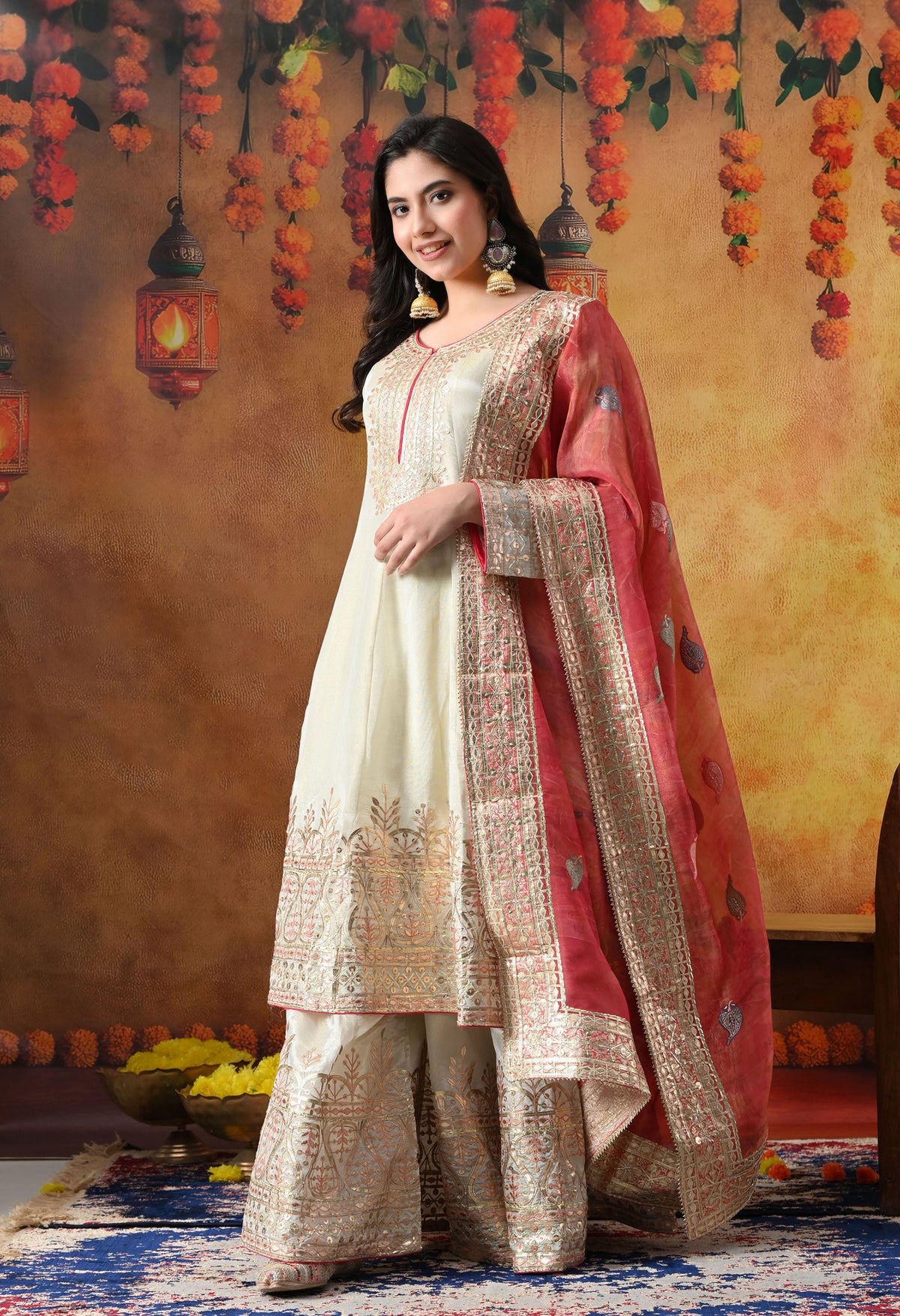 Golden Cream Tissue Crepe Sharara Set with Pink Tissue Organza Dupatta