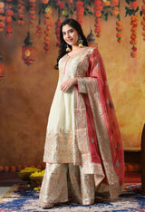 Golden Cream Tissue Crepe Sharara Set with Pink Tissue Organza Dupatta