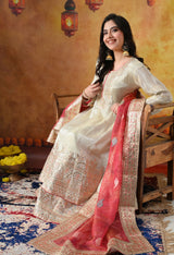 Golden Cream Tissue Crepe Sharara Set with Pink Tissue Organza Dupatta