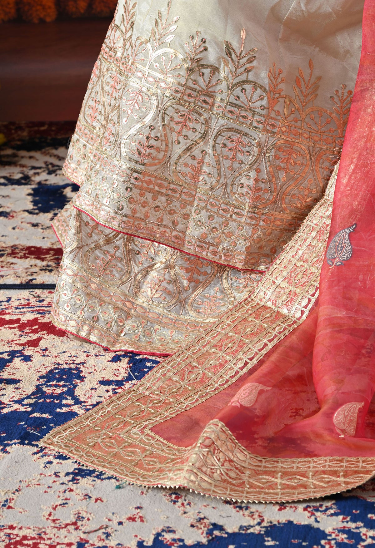Golden Cream Tissue Crepe Sharara Set with Pink Tissue Organza Dupatta