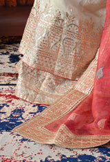 Golden Cream Tissue Crepe Sharara Set with Pink Tissue Organza Dupatta