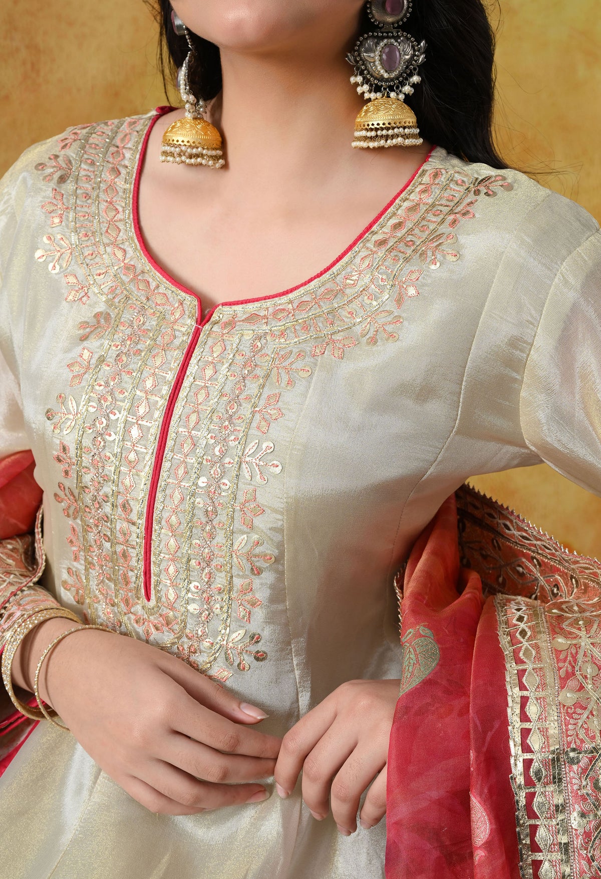 Golden Cream Tissue Crepe Sharara Set with Pink Tissue Organza Dupatta