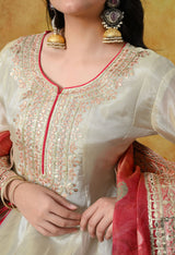 Golden Cream Tissue Crepe Sharara Set with Pink Tissue Organza Dupatta