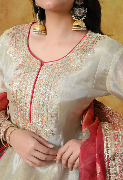 Golden Cream Tissue Crepe Sharara Set with Pink Tissue Organza Dupatta