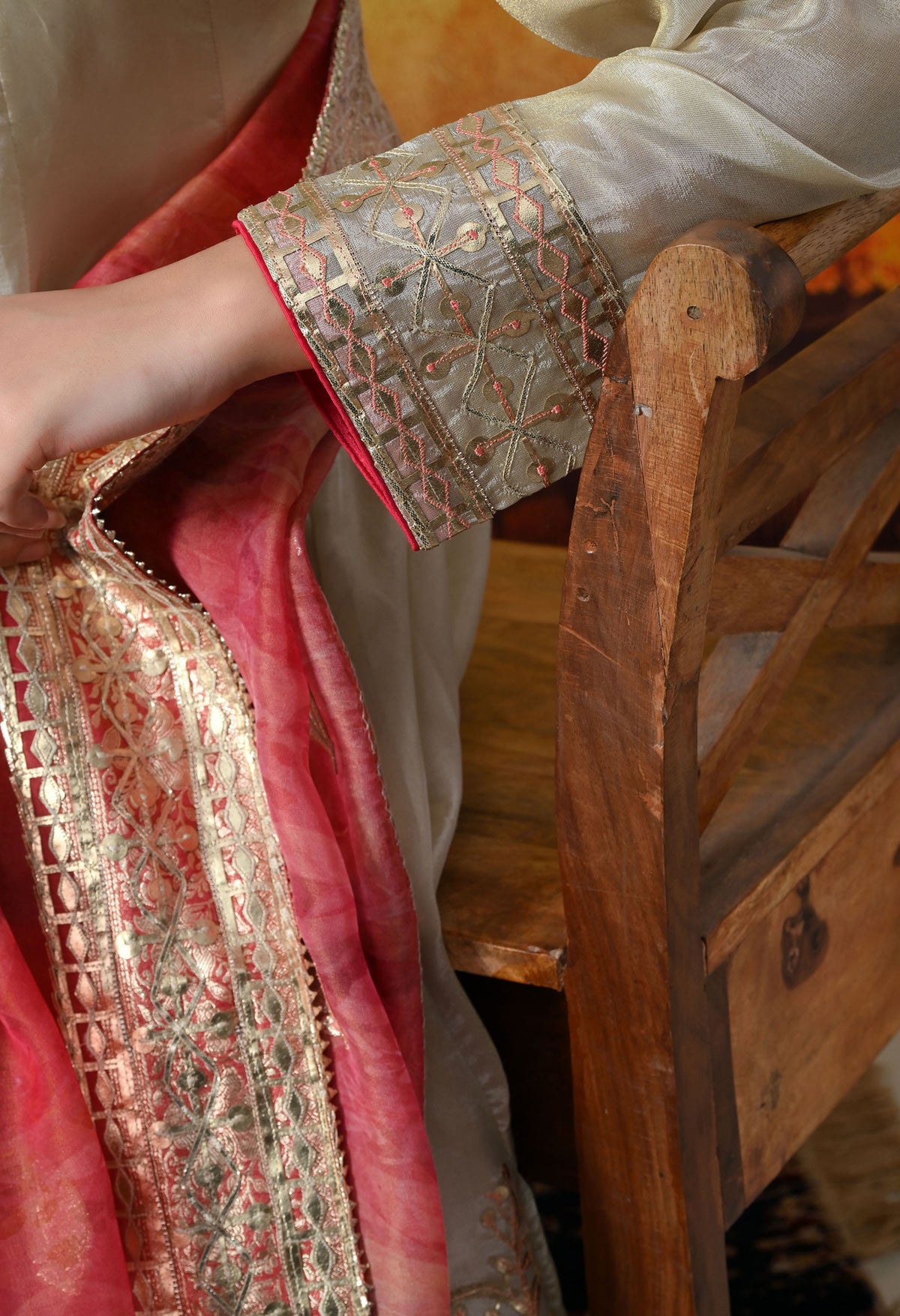 Golden Cream Tissue Crepe Sharara Set with Pink Tissue Organza Dupatta
