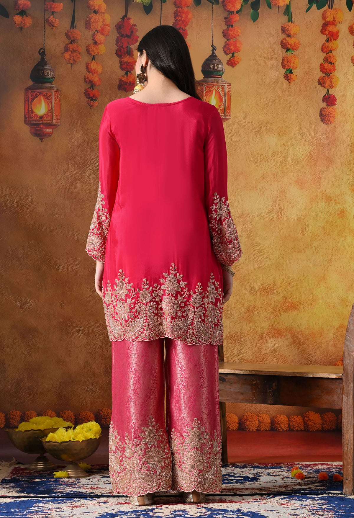 Hot Pink Chinon Kurta Set with Cutdana & Sequin Work