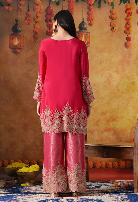 Hot Pink Chinon Kurta Set with Cutdana & Sequin Work