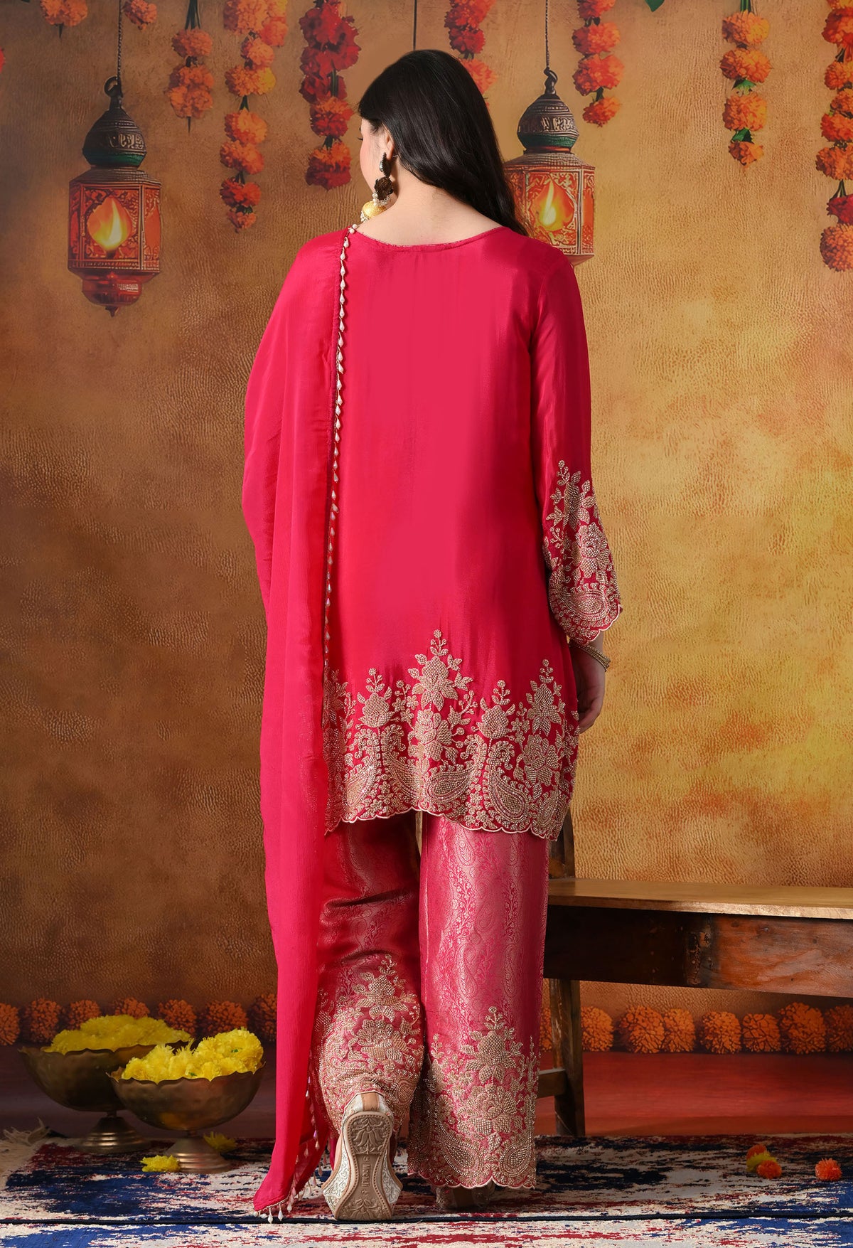 Hot Pink Chinon Kurta Set with Cutdana & Sequin Work