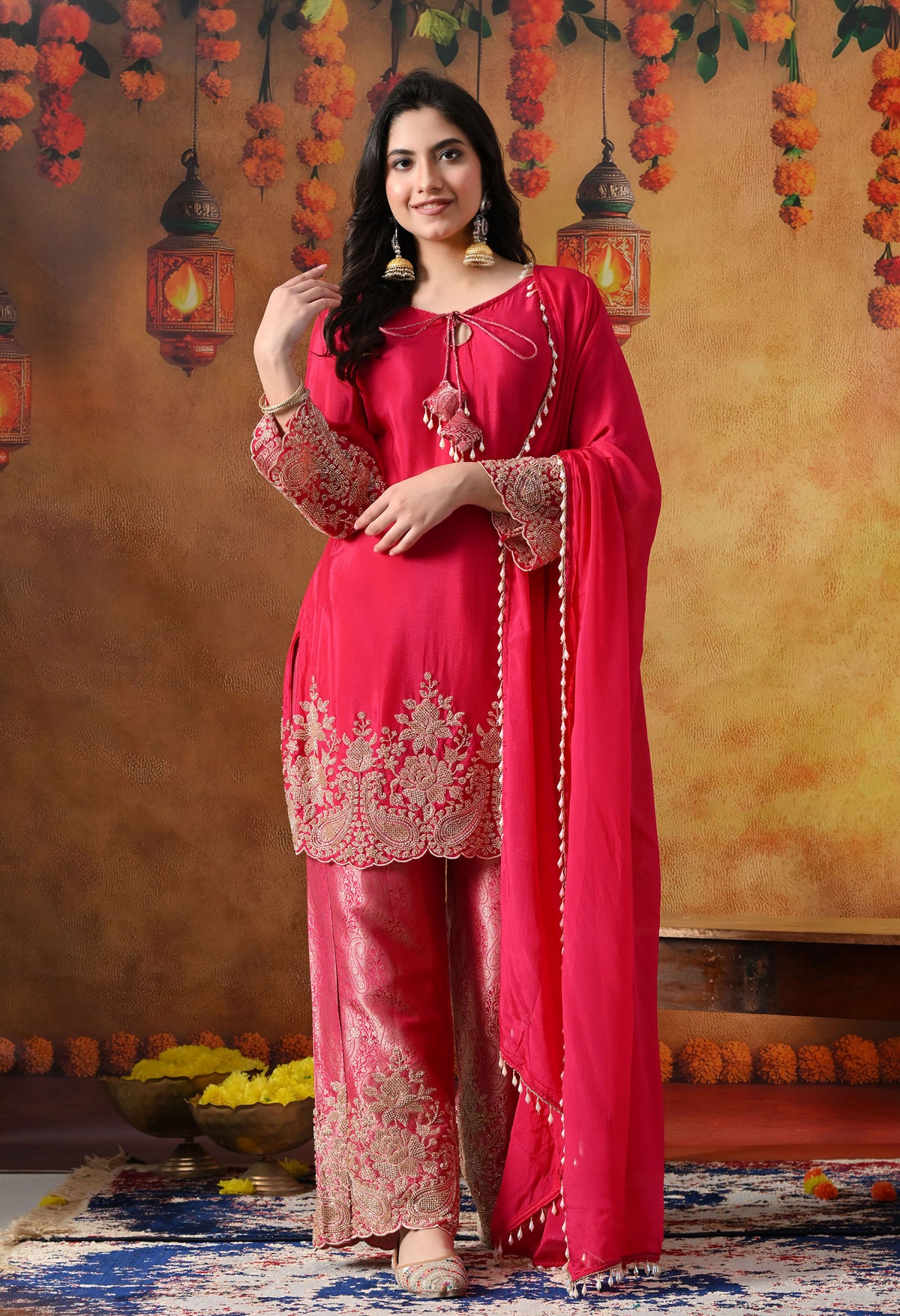 Hot Pink Chinon Kurta Set with Cutdana & Sequin Work
