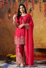 Hot Pink Chinon Kurta Set with Cutdana & Sequin Work