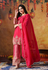 Hot Pink Chinon Kurta Set with Cutdana & Sequin Work