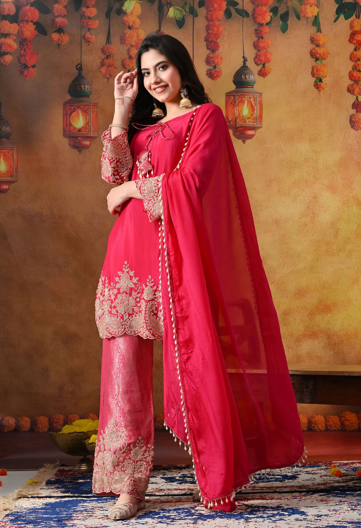 Hot Pink Chinon Kurta Set with Cutdana & Sequin Work