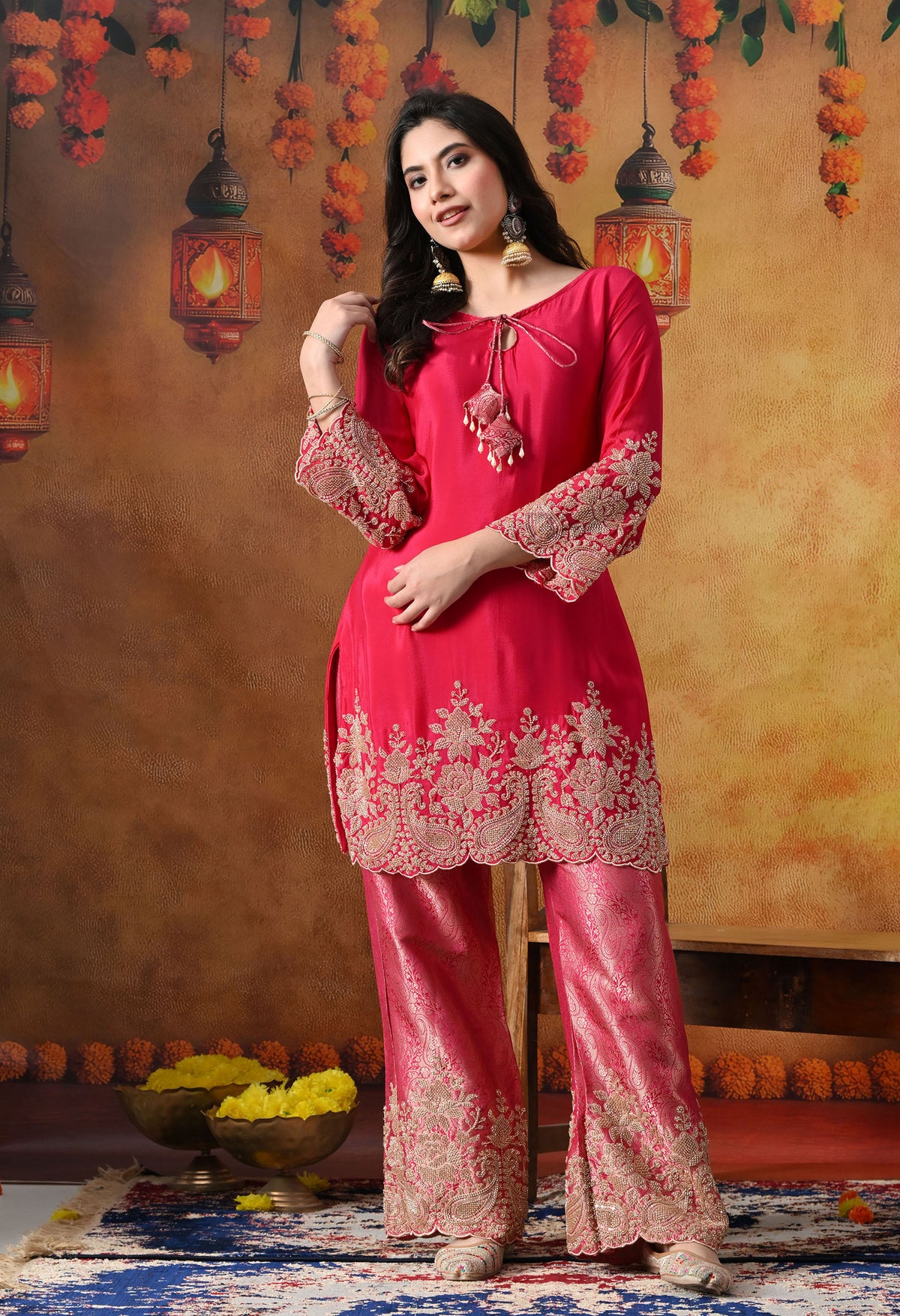 Hot Pink Chinon Kurta Set with Cutdana & Sequin Work
