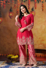 Hot Pink Chinon Kurta Set with Cutdana & Sequin Work