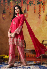 Hot Pink Chinon Kurta Set with Cutdana & Sequin Work