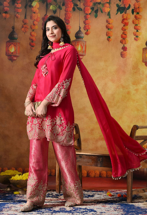 Hot Pink Chinon Kurta Set with Cutdana & Sequin Work