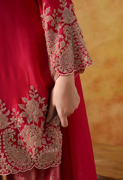 Hot Pink Chinon Kurta Set with Cutdana & Sequin Work